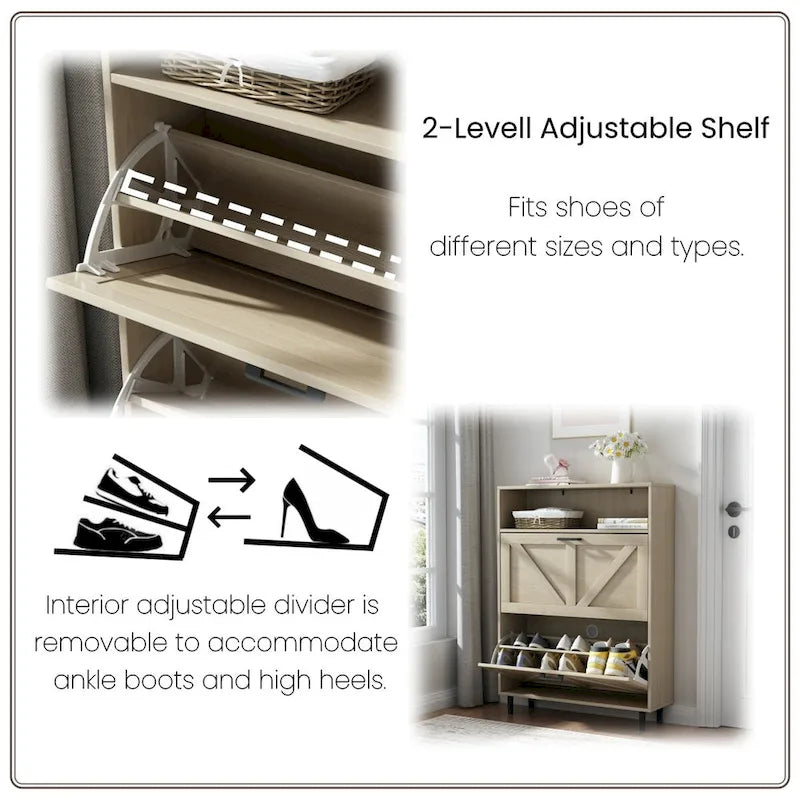 Schuhschrank mit Scheunentor-Design, Schuh-Organizer mit 2 Klappschubladen, freistehender schmaler Schuhschrank
