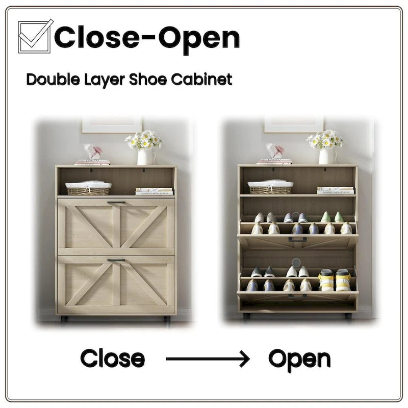 Schuhschrank mit Scheunentor-Design, Schuh-Organizer mit 2 Klappschubladen, freistehender schmaler Schuhschrank