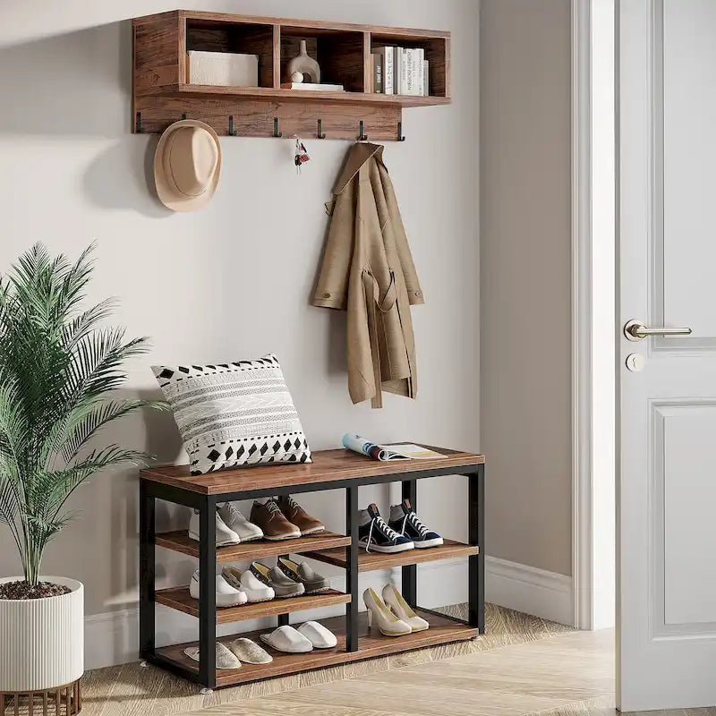 Industrielle Garderobenbank und Wandgarderobe Set, Rustikales Braun