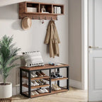 Industrielle Garderobenbank und Wandgarderobe Set, Rustikales Braun