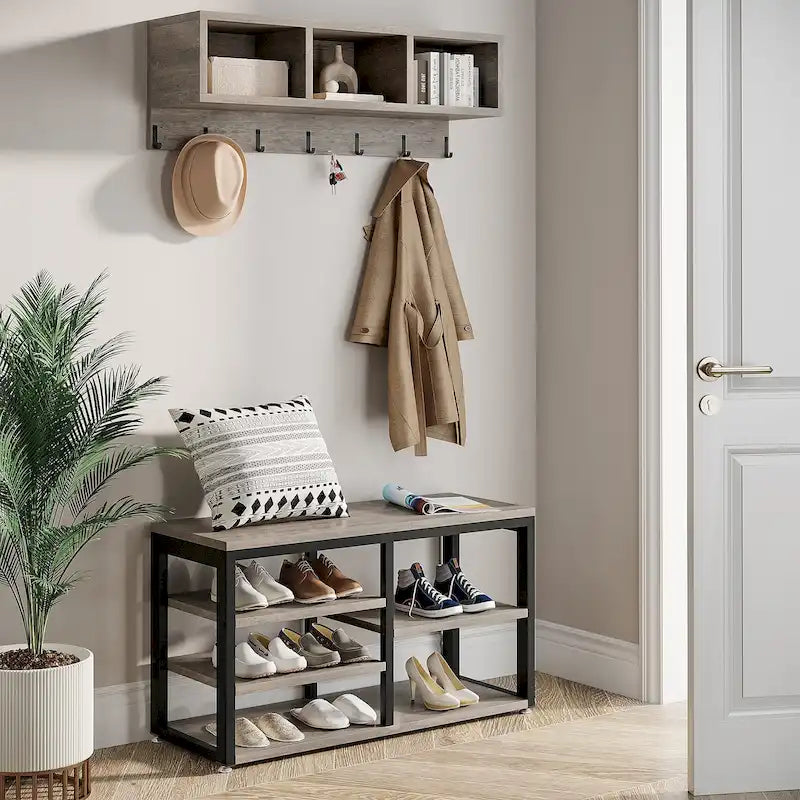 Industrielle Garderobenbank und Wandgarderobe Set, Rustikales Braun
