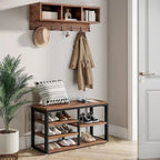 Industrial Entryway Shoe Bench and Wall-Mounted Coat Rack Set, Rustic Brown