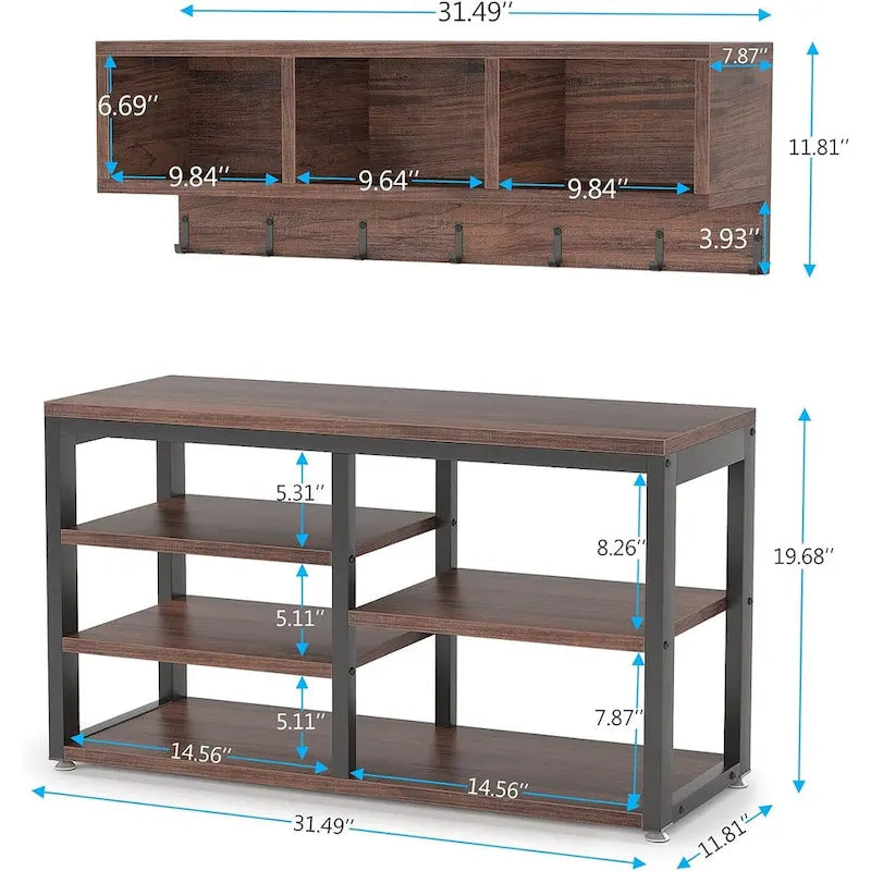 Industrielle Garderobenbank und Wandgarderobe Set, Rustikales Braun