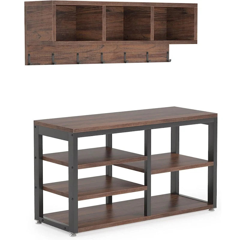 Industrielle Garderobenbank und Wandgarderobe Set, Rustikales Braun
