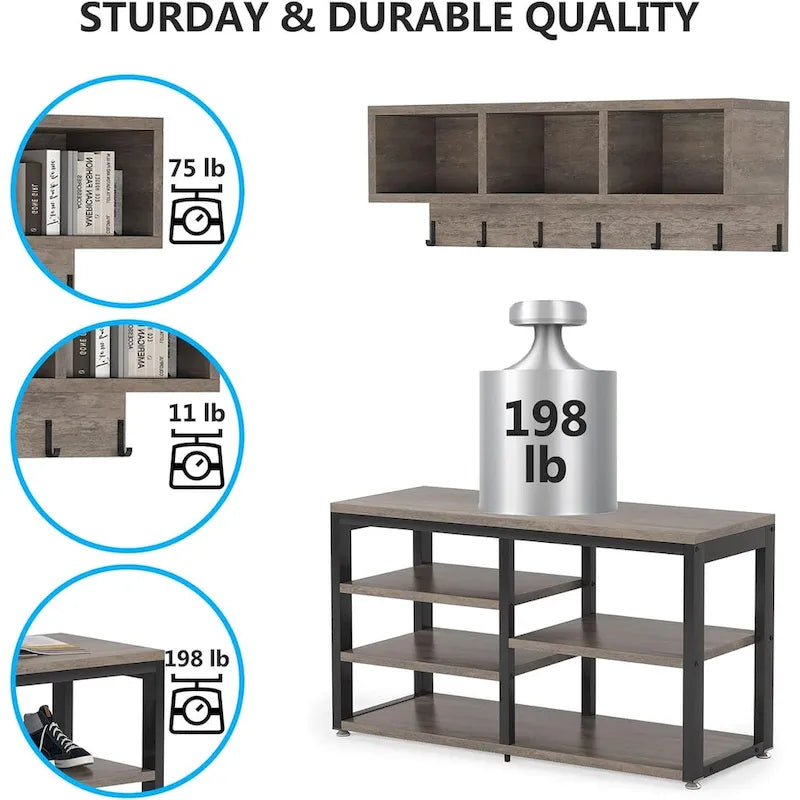 Industrielle Garderobenbank und Wandgarderobe Set, Rustikales Braun