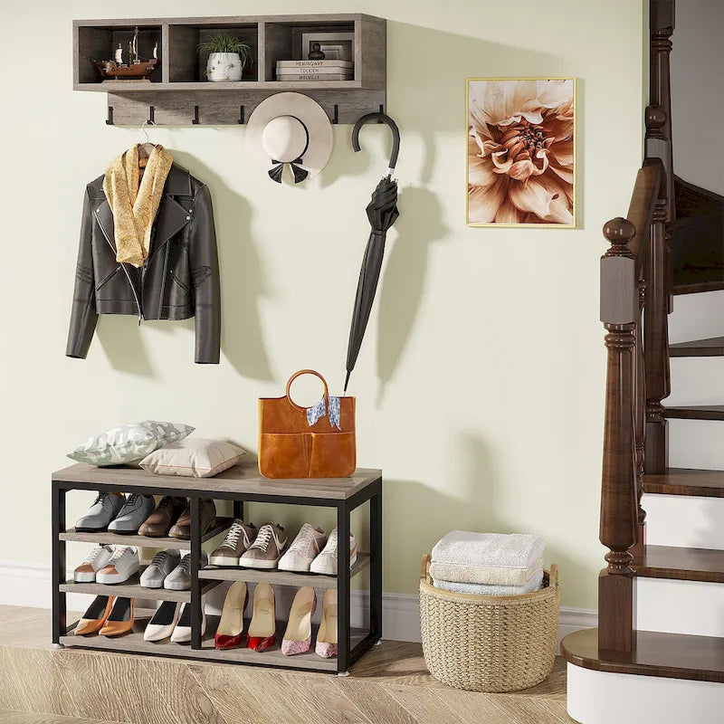 Industrielle Garderobenbank und Wandgarderobe Set, Rustikales Braun