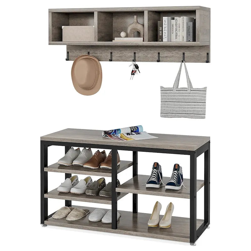 Industrielle Garderobenbank und Wandgarderobe Set, Rustikales Braun