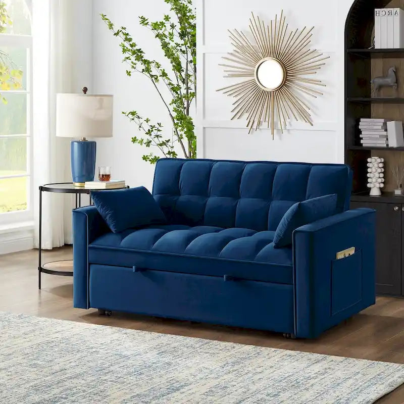 4-in-1 Loveseat Schlafsofa mit Armlehnen & Aufbewahrungstaschen, Multifunktionales getuftetes Ausziehsofa mit verstellbarer Rückenlehne