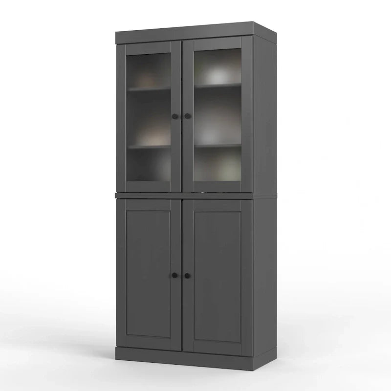 Vollholz-Vorratschrank mit Milchglastüren, Holztüren, 2 Schubladen und verstellbaren Einlegeböden