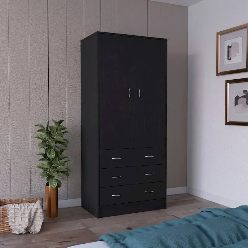19 Moderner Doppeltüriger Kleiderschrank mit 3 Schubladen und 1 Kleiderstange für Schlafzimmer