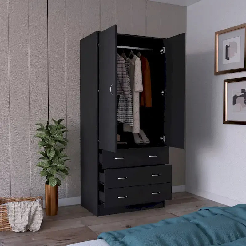 19 Moderner Doppeltüriger Kleiderschrank mit 3 Schubladen und 1 Kleiderstange für Schlafzimmer