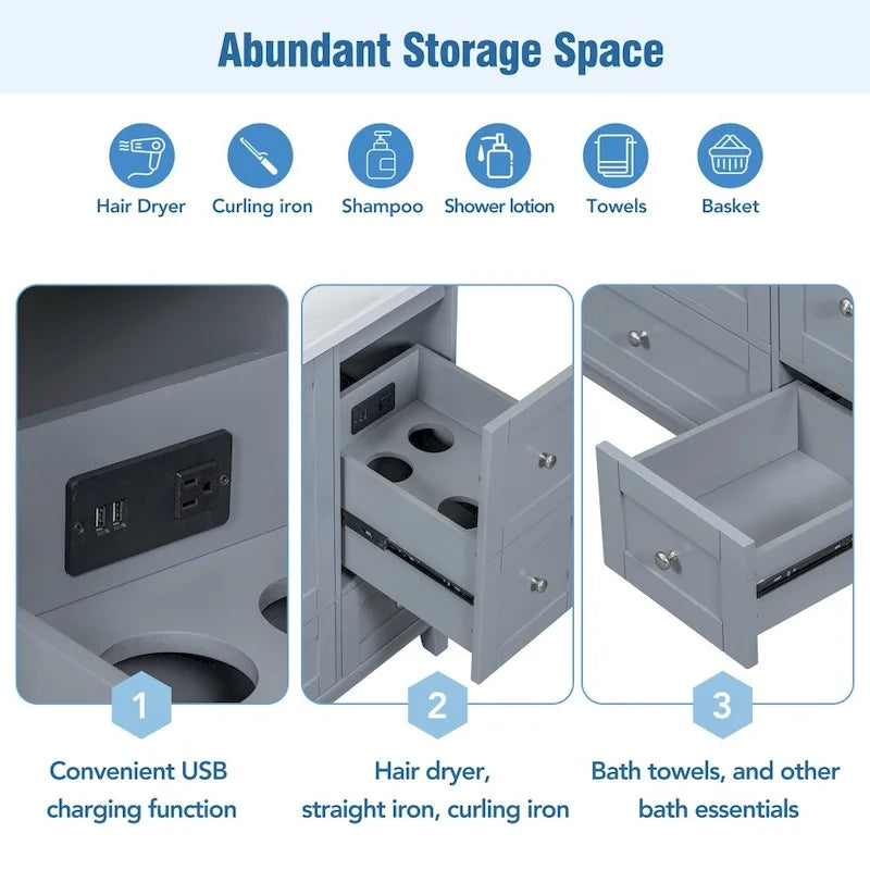 36 Zoll Badezimmerwaschtisch mit USB-Ladefunktion, Harzwaschbecken, Massivholzrahmen, 3 Schubladen Stauraum