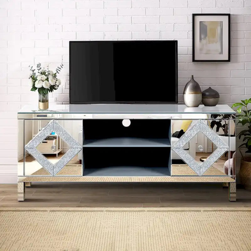 59-Zoll-TV-Ständer mit rautenförmigen Spiegeltüren und Stauraum für Fernseher bis zu 65 Zoll