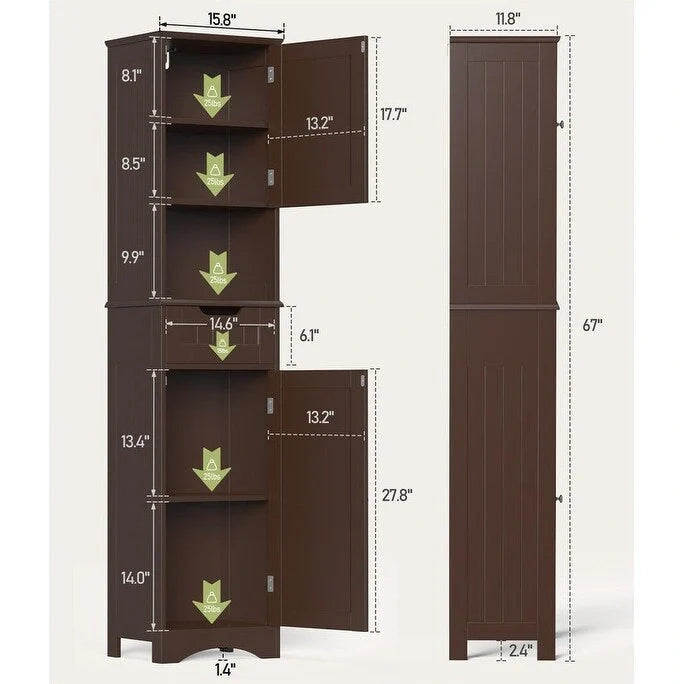 67 Zoll hoher Badezimmerschrank, schmaler Wäscheschrank, Aufbewahrungsschrank mit 2 Türen und Schublade