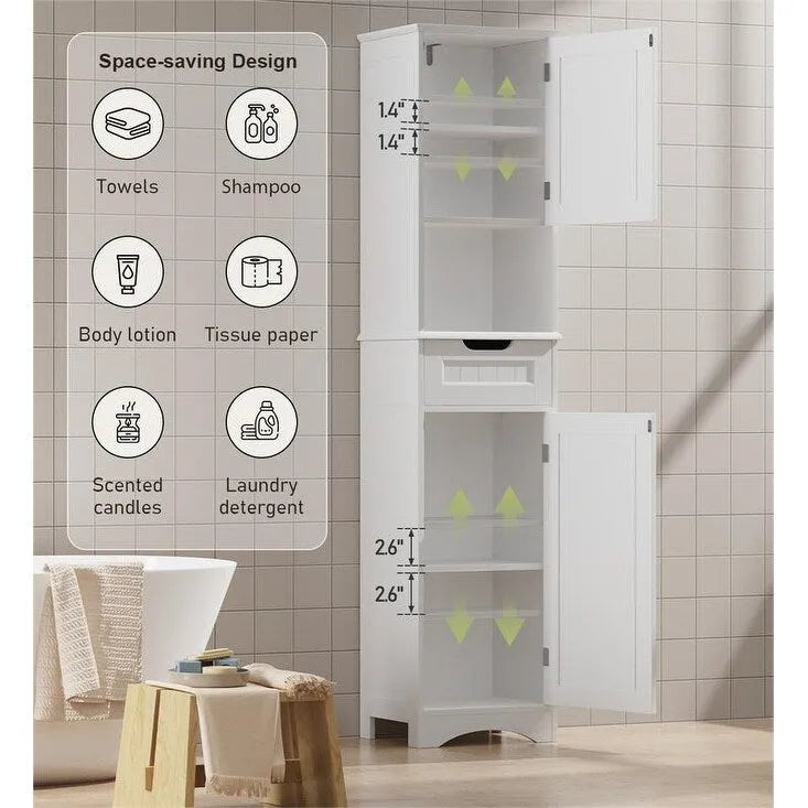 67 Zoll hoher Badezimmerschrank, schmaler Wäscheschrank, Aufbewahrungsschrank mit 2 Türen und Schublade