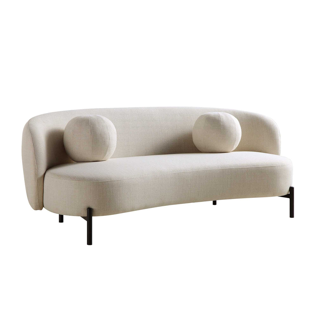 3-Sitzer geschwungenes Sofa mit Kugel-Kissen, Leinenmischung Beige