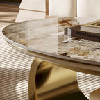 51 Moderne Pandora Oval-Couchtisch mit glänzender gesinterter Steinplatte, Luxus-Couchtisch, Edelstahlbeine für das Wohnzimmer
