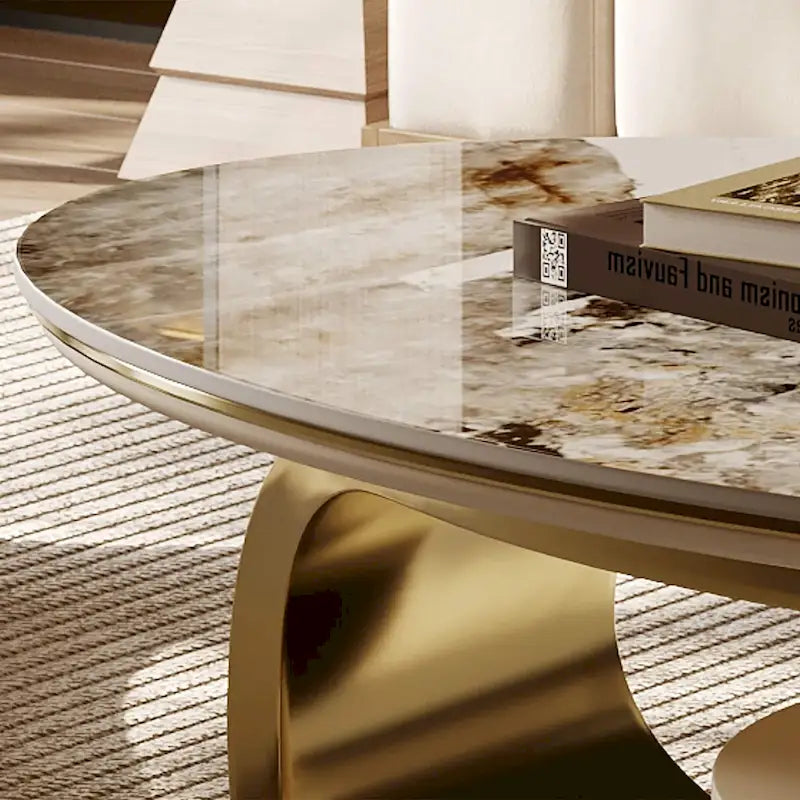 51 Moderne Pandora Oval-Couchtisch mit glänzender gesinterter Steinplatte, Luxus-Couchtisch, Edelstahlbeine für das Wohnzimmer