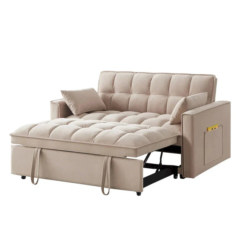 4-in-1 Loveseat Schlafsofa mit Armlehnen & Aufbewahrungstaschen, Multifunktionales getuftetes Ausziehsofa mit verstellbarer Rückenlehne