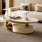 51 Moderne Pandora Oval-Couchtisch mit glänzender gesinterter Steinplatte, Luxus-Couchtisch, Edelstahlbeine für das Wohnzimmer