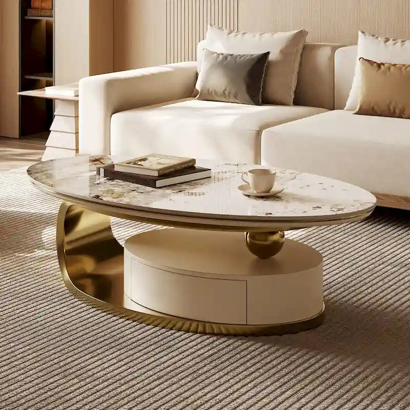 51 Moderne Pandora Oval-Couchtisch mit glänzender gesinterter Steinplatte, Luxus-Couchtisch, Edelstahlbeine für das Wohnzimmer