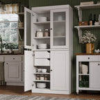 Vollholz-Vorratschrank mit Milchglastüren, Holztüren, 2 Schubladen und verstellbaren Einlegeböden