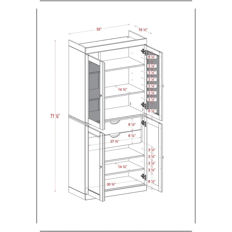 Vollholz-Vorratschrank mit Milchglastüren, Holztüren, 2 Schubladen und verstellbaren Einlegeböden