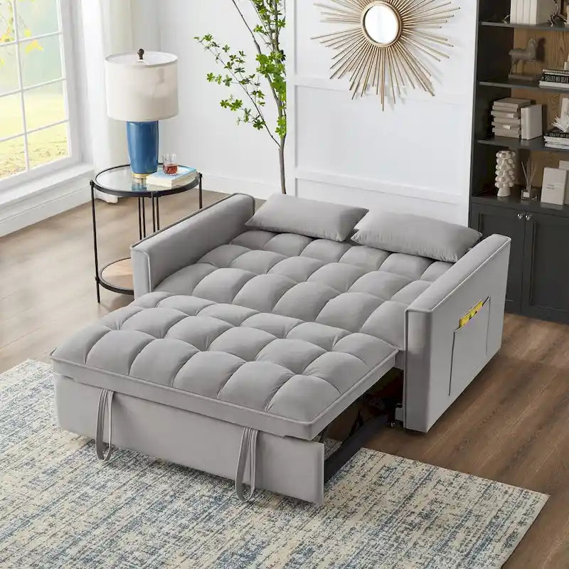 4-in-1 Loveseat Schlafsofa mit Armlehnen & Aufbewahrungstaschen, Multifunktionales getuftetes Ausziehsofa mit verstellbarer Rückenlehne