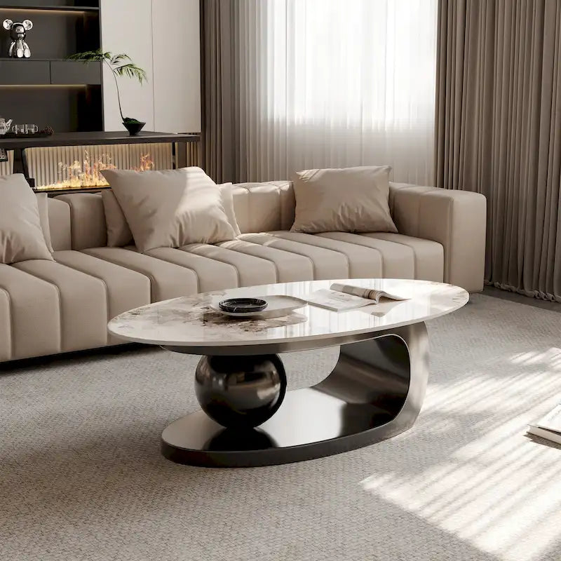 51 Moderne Pandora Oval-Couchtisch mit glänzender gesinterter Steinplatte, Luxus-Couchtisch, Edelstahlbeine für das Wohnzimmer