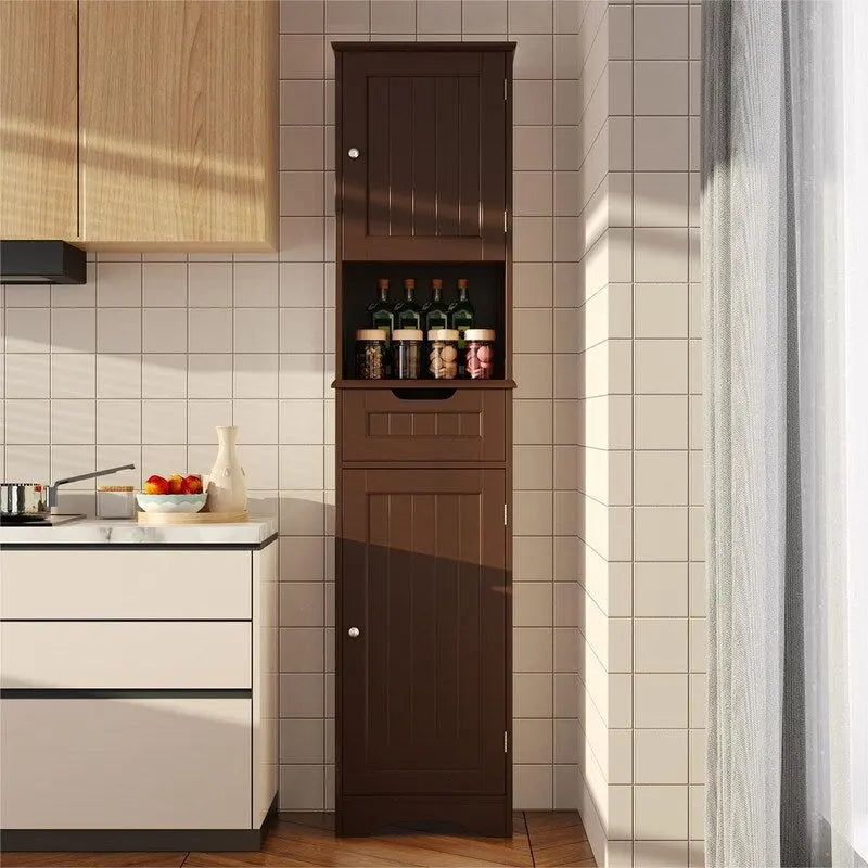 67 Zoll hoher Badezimmerschrank, schmaler Wäscheschrank, Aufbewahrungsschrank mit 2 Türen und Schublade