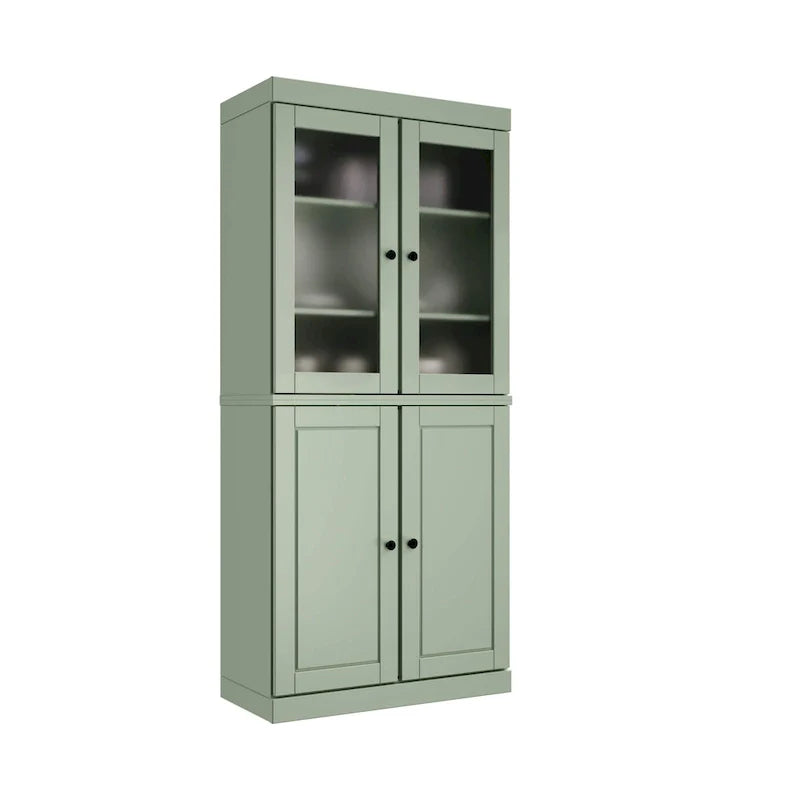 Vollholz-Vorratschrank mit Milchglastüren, Holztüren, 2 Schubladen und verstellbaren Einlegeböden
