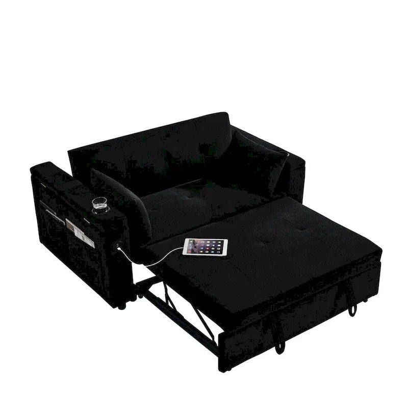 54 Schlafsofa zum Ausziehen, 2-Sitzer-Schlafsofa mit Stauraum, Lendenkissen, USB-Steckdose