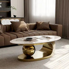 51 Moderne Pandora Oval-Couchtisch mit glänzender gesinterter Steinplatte, Luxus-Couchtisch, Edelstahlbeine für das Wohnzimmer