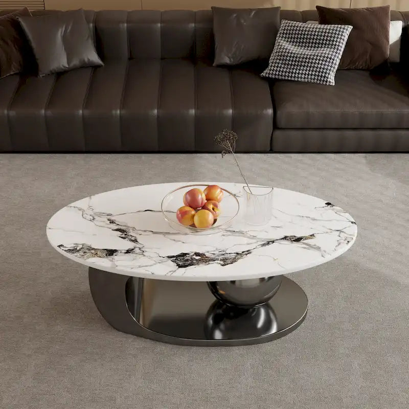 51 Moderne Pandora Oval-Couchtisch mit glänzender gesinterter Steinplatte, Luxus-Couchtisch, Edelstahlbeine für das Wohnzimmer