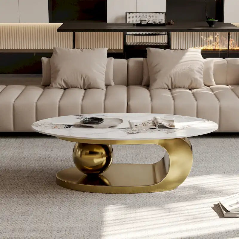 51 Moderne Pandora Oval-Couchtisch mit glänzender gesinterter Steinplatte, Luxus-Couchtisch, Edelstahlbeine für das Wohnzimmer