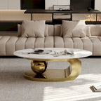 51 Moderne Pandora Oval-Couchtisch mit glänzender gesinterter Steinplatte, Luxus-Couchtisch, Edelstahlbeine für das Wohnzimmer