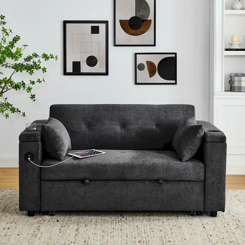 54 Schlafsofa zum Ausziehen, 2-Sitzer-Schlafsofa mit Stauraum, Lendenkissen, USB-Steckdose