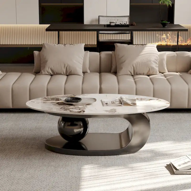 51 Moderne Pandora Oval-Couchtisch mit glänzender gesinterter Steinplatte, Luxus-Couchtisch, Edelstahlbeine für das Wohnzimmer