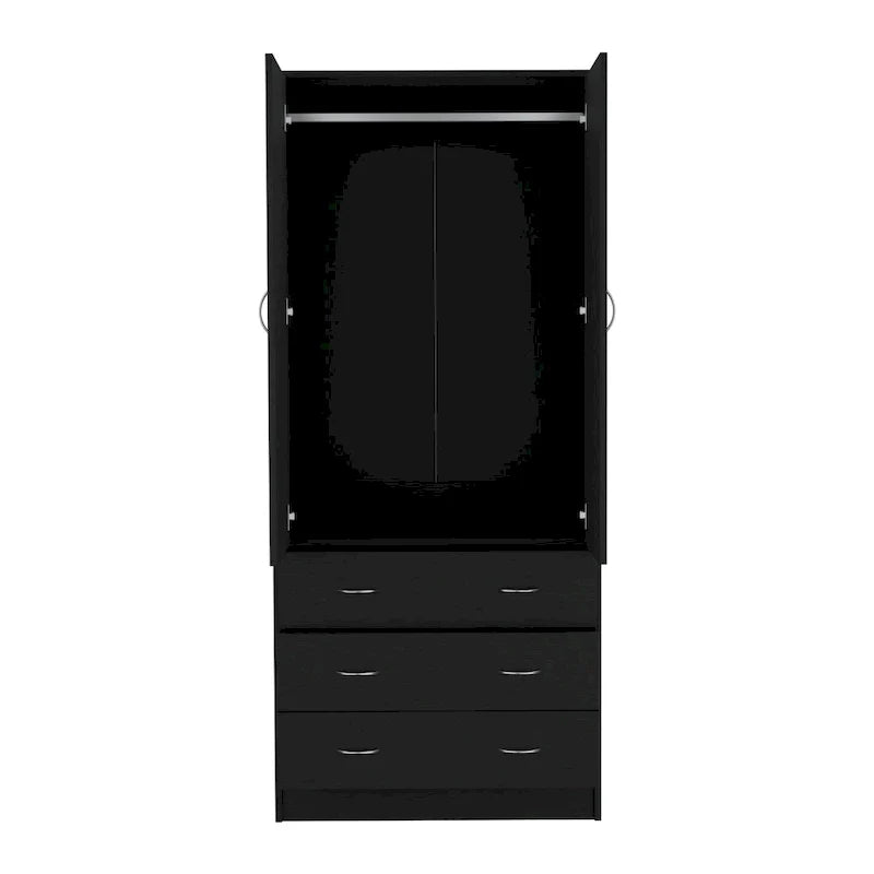 19 Moderner Doppeltüriger Kleiderschrank mit 3 Schubladen und 1 Kleiderstange für Schlafzimmer
