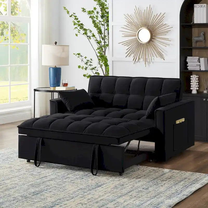 4-in-1 Loveseat Schlafsofa mit Armlehnen & Aufbewahrungstaschen, Multifunktionales getuftetes Ausziehsofa mit verstellbarer Rückenlehne