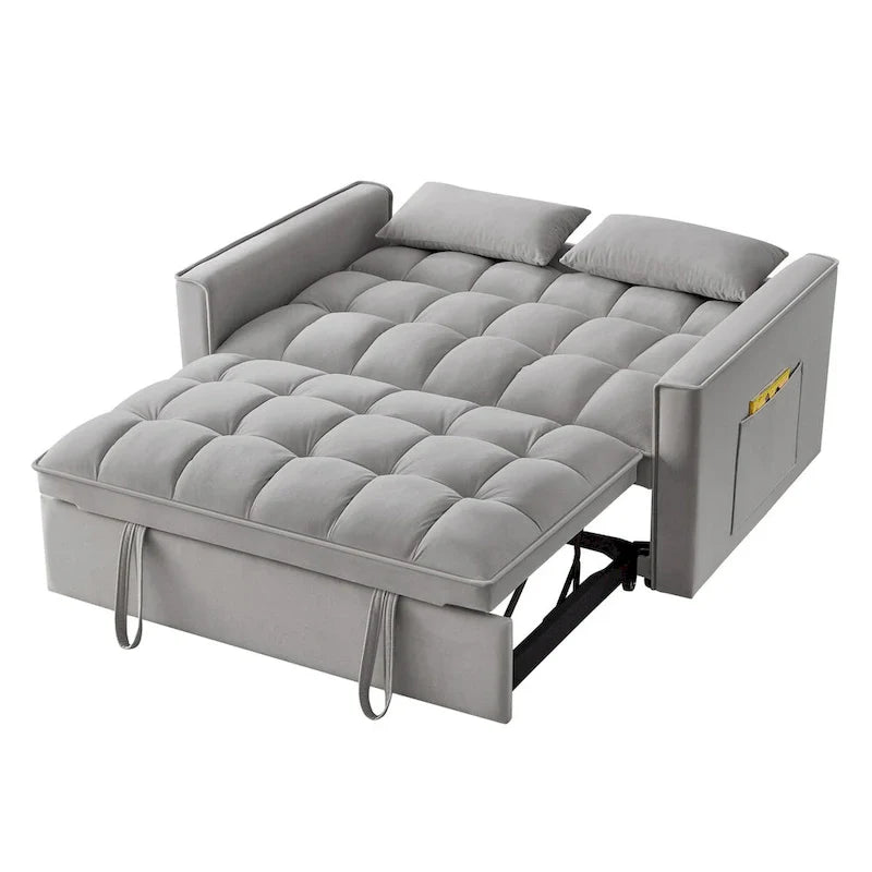 4-in-1 Loveseat Schlafsofa mit Armlehnen & Aufbewahrungstaschen, Multifunktionales getuftetes Ausziehsofa mit verstellbarer Rückenlehne