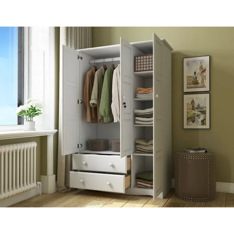 3-türiger Kleiderschrank – Weiß/Mokka/Java – Massivholz