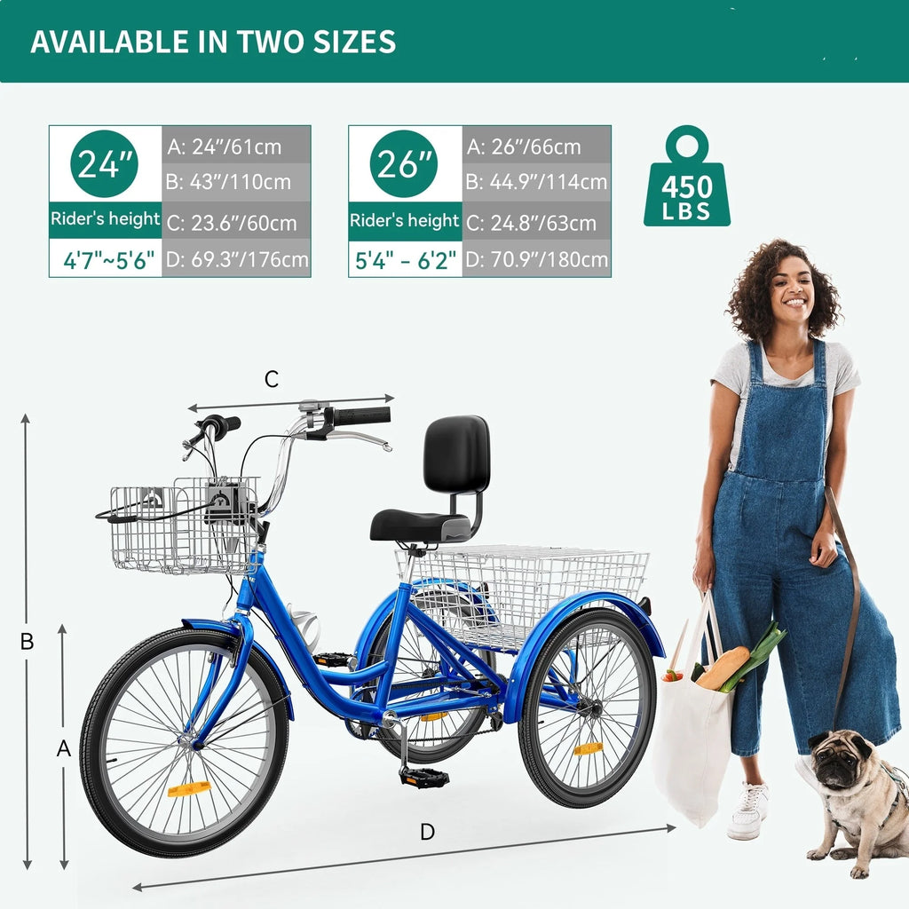 26 Zoll Erwachsenen Dreirad 3-Rad-Fahrrad 7-Gang Dreirad-Fahrrad