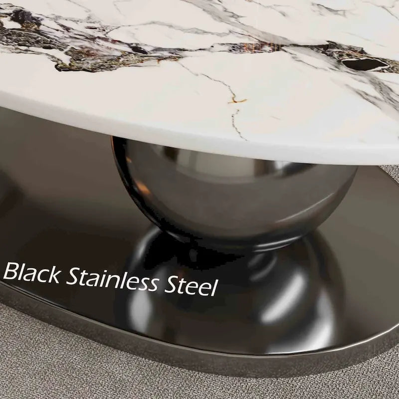 51 Moderne Pandora Oval-Couchtisch mit glänzender gesinterter Steinplatte, Luxus-Couchtisch, Edelstahlbeine für das Wohnzimmer