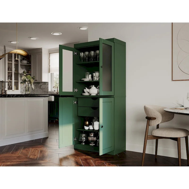 Vollholz-Vorratschrank mit Milchglastüren, Holztüren, 2 Schubladen und verstellbaren Einlegeböden