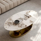 51 Moderne Pandora Oval-Couchtisch mit glänzender gesinterter Steinplatte, Luxus-Couchtisch, Edelstahlbeine für das Wohnzimmer