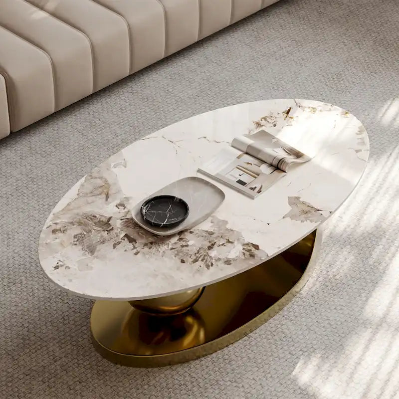 51 Moderne Pandora Oval-Couchtisch mit glänzender gesinterter Steinplatte, Luxus-Couchtisch, Edelstahlbeine für das Wohnzimmer