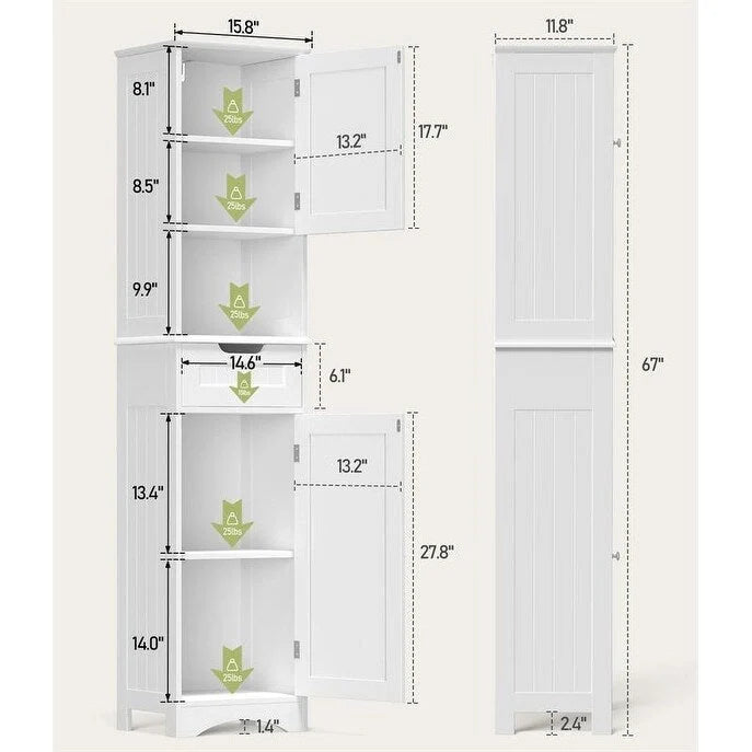 67 Zoll hoher Badezimmerschrank, schmaler Wäscheschrank, Aufbewahrungsschrank mit 2 Türen und Schublade