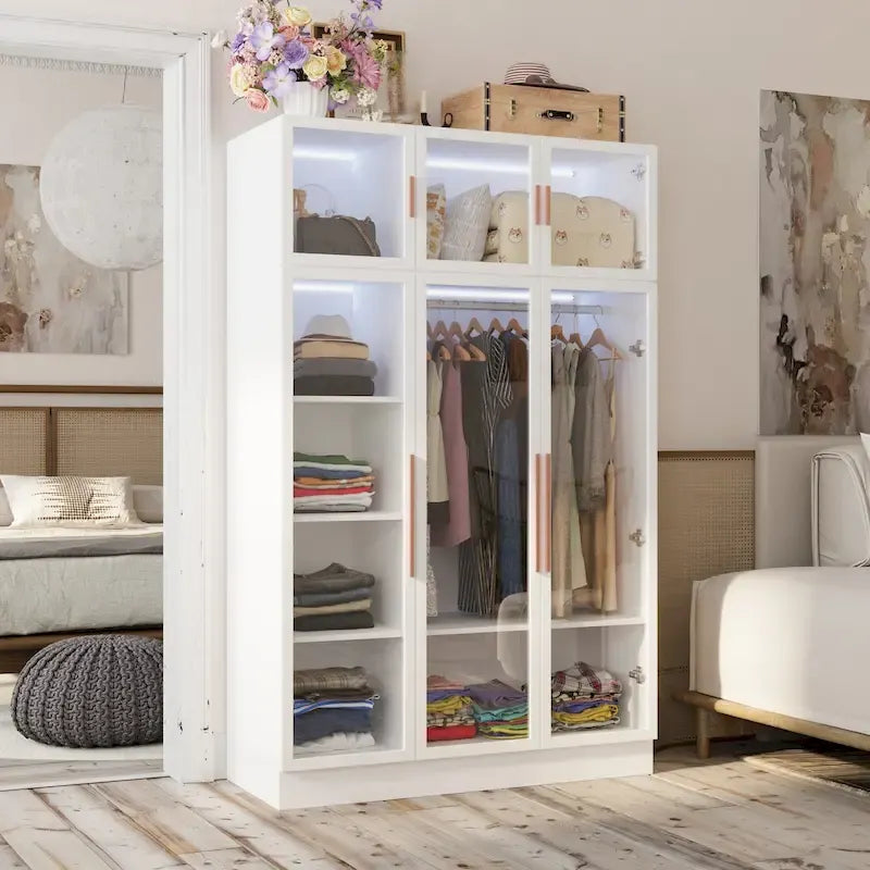 47,2 Zoll breiter Kleiderschrank mit LED-Beleuchtung, Ganzglastüren