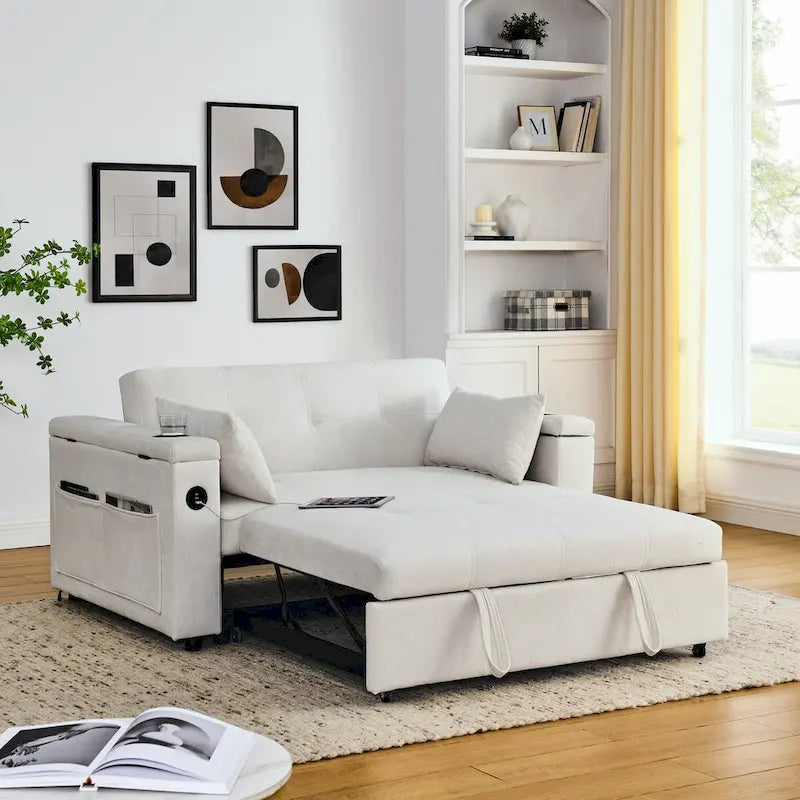 54 Schlafsofa zum Ausziehen, 2-Sitzer-Schlafsofa mit Stauraum, Lendenkissen, USB-Steckdose